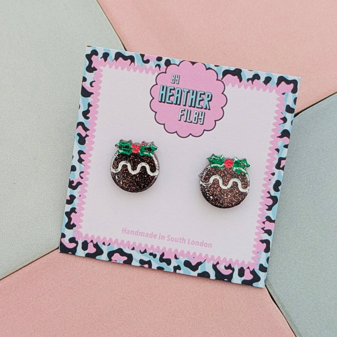 Christmas Pudding Glitter Christmas Studs - Violet Elizabeth - Jewellery