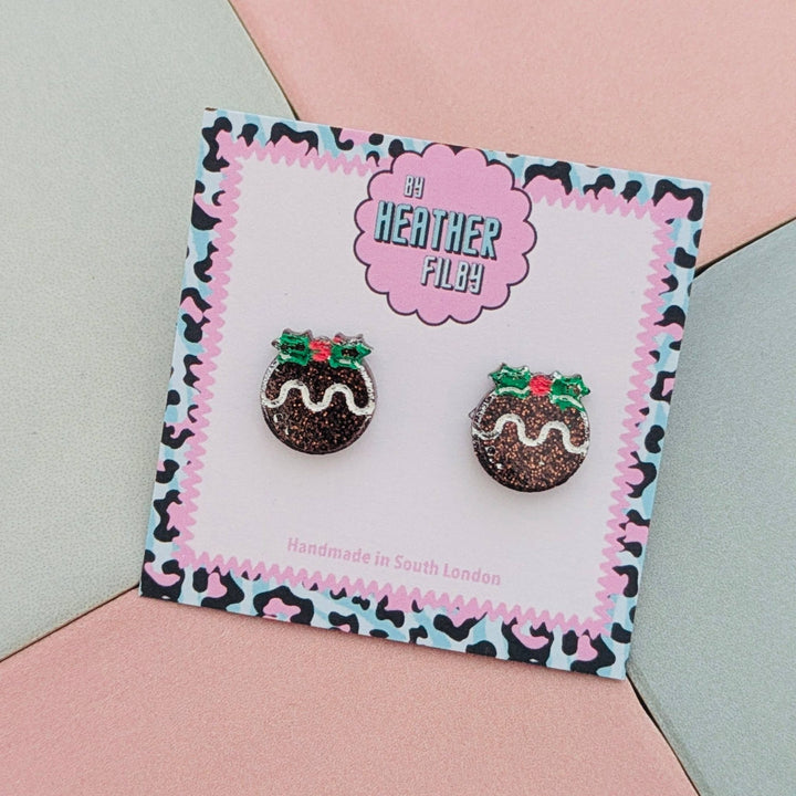 Christmas Pudding Glitter Christmas Studs - Violet Elizabeth - Jewellery