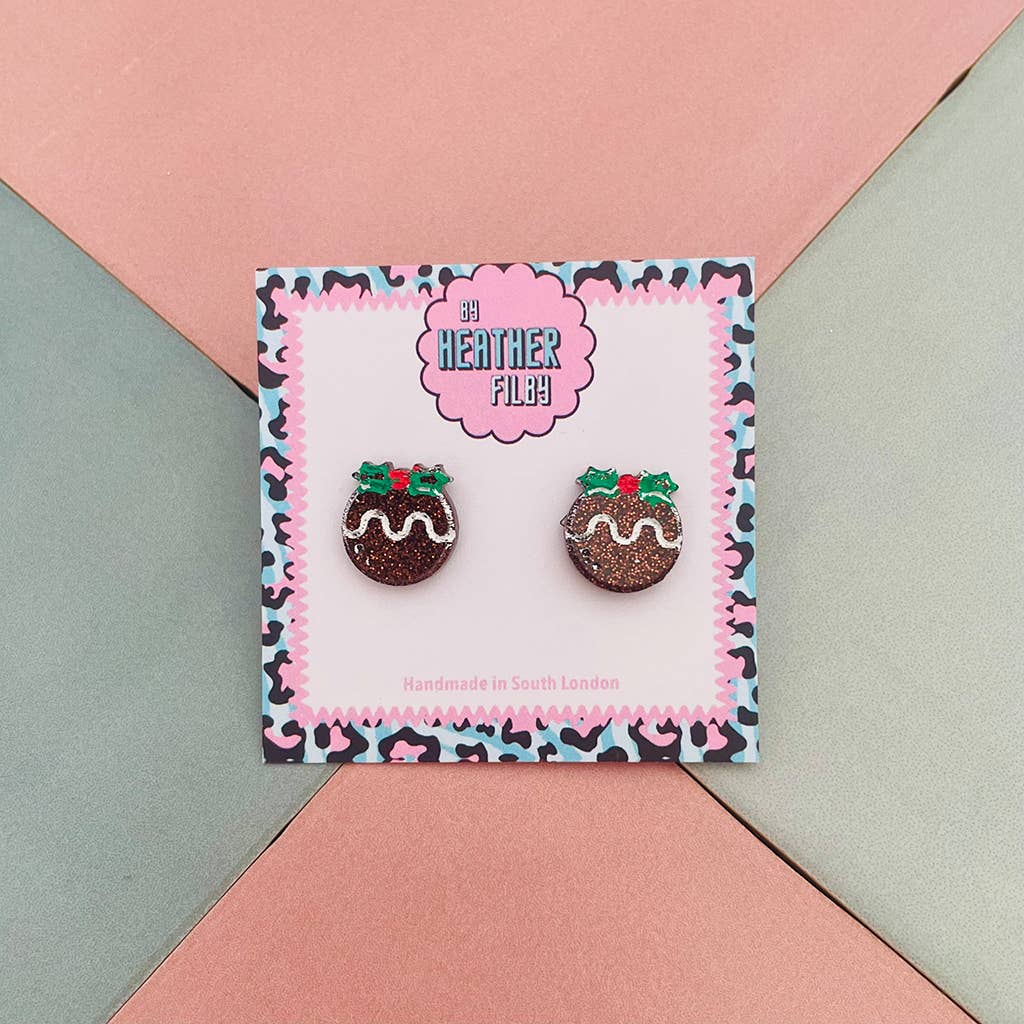 Christmas Pudding Glitter Christmas Studs - Violet Elizabeth - Jewellery