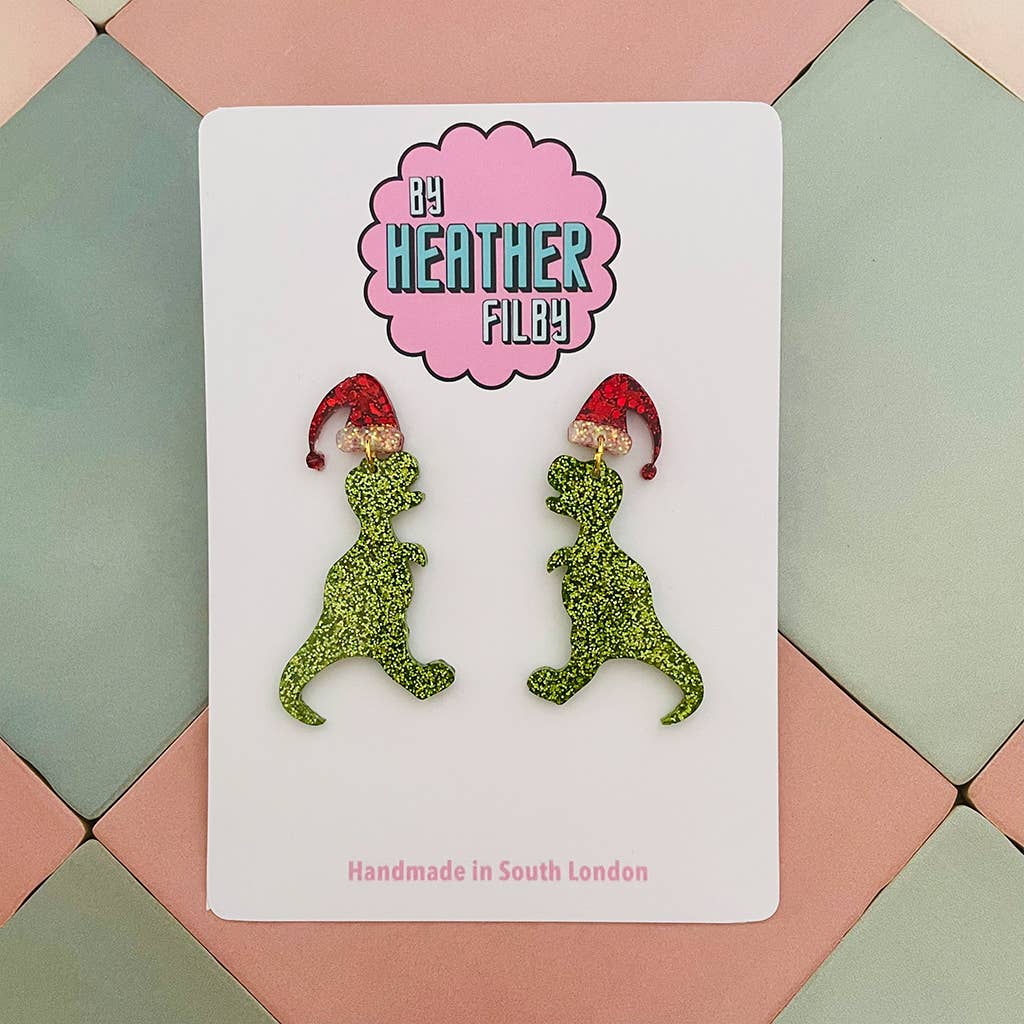 Christmas T - rex Dinosaur Santa Hat Glitter Earrings - Violet Elizabeth - Jewellery