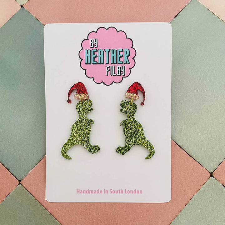 Christmas T - rex Dinosaur Santa Hat Glitter Earrings - Violet Elizabeth - Jewellery