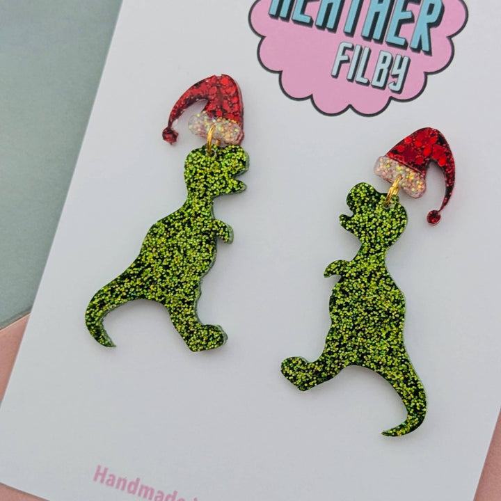 Christmas T - rex Dinosaur Santa Hat Glitter Earrings - Violet Elizabeth - Jewellery