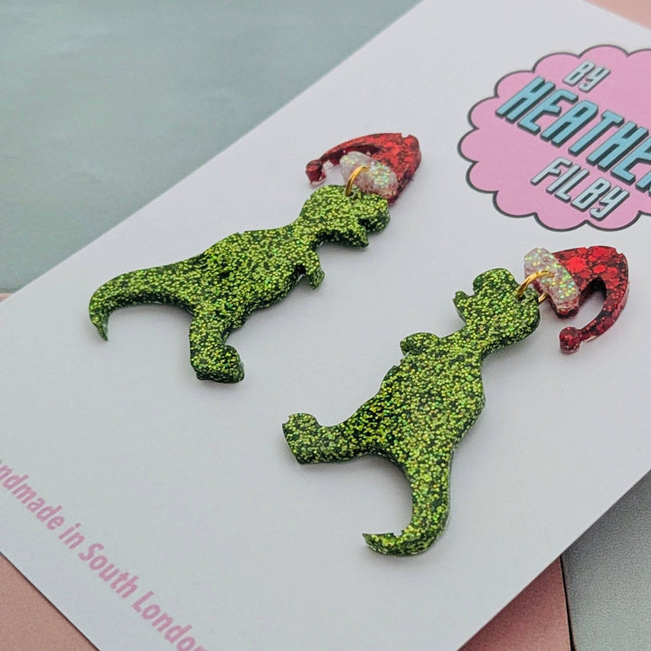Christmas T - rex Dinosaur Santa Hat Glitter Earrings - Violet Elizabeth - Jewellery