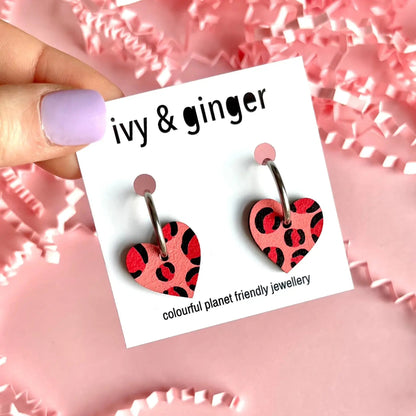 Deep pink and red leopard print small heart hoop earrings - Violet Elizabeth - Jewellery