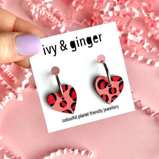 Deep pink and red leopard print small heart hoop earrings - Violet Elizabeth - Jewellery