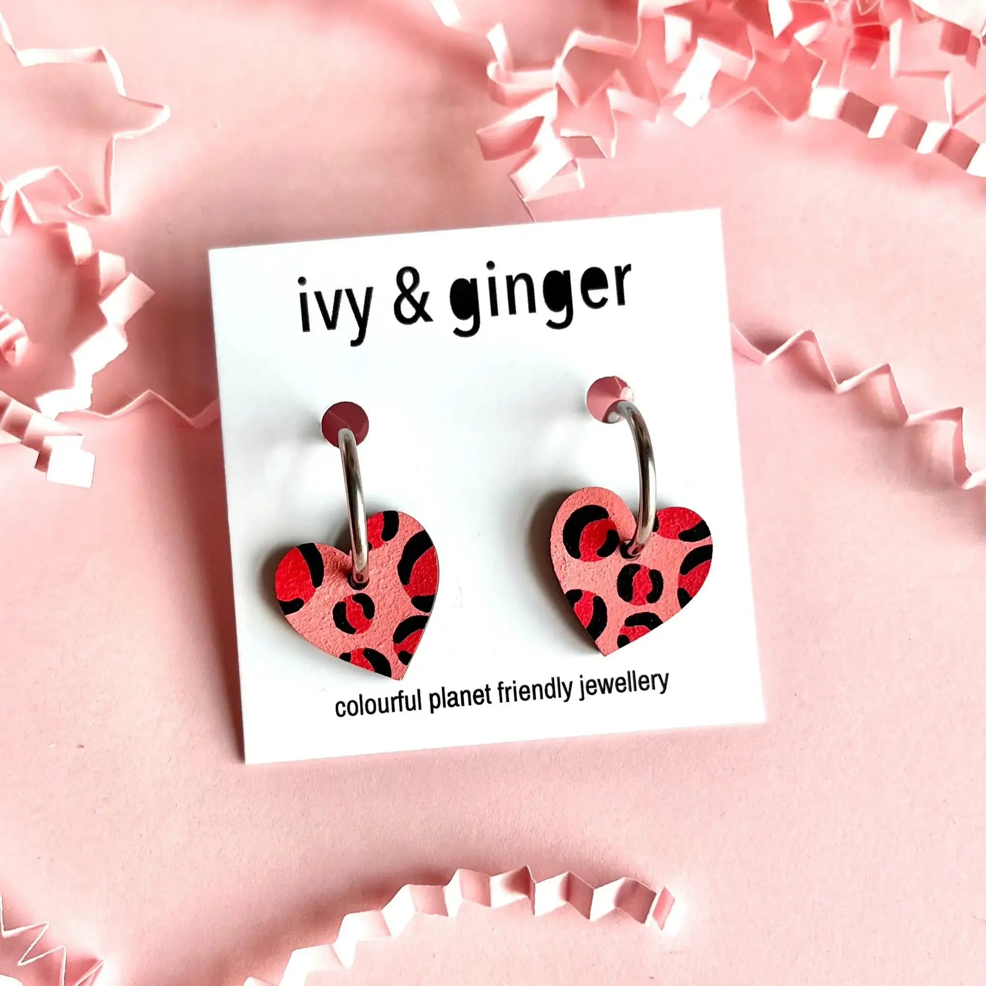 Deep pink and red leopard print small heart hoop earrings - Violet Elizabeth - Jewellery