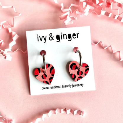 Deep pink and red leopard print small heart hoop earrings - Violet Elizabeth - Jewellery