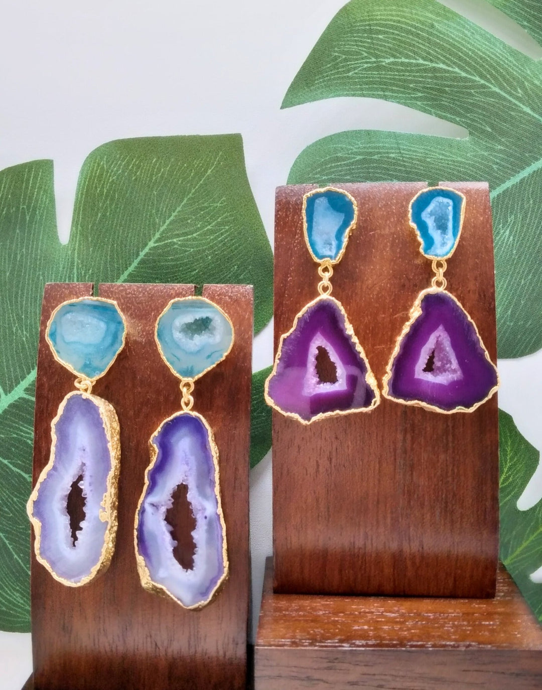 Deep Purple and Ocean Green Agate Slice Drop Earrings - Violet Elizabeth - Jewellery