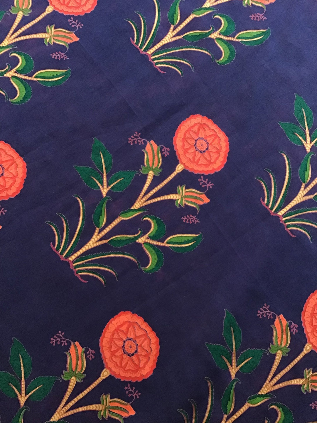 Drk blue with stileised red flower plant Screen Printed Fabric 100% Cotton - Violet Elizabeth - Haberdashery