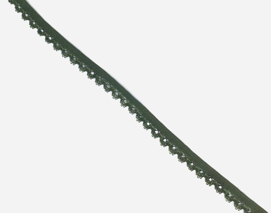 Elastic forest green knicker elastic 10mm inc. patterned edge - Violet Elizabeth - Haberdashery
