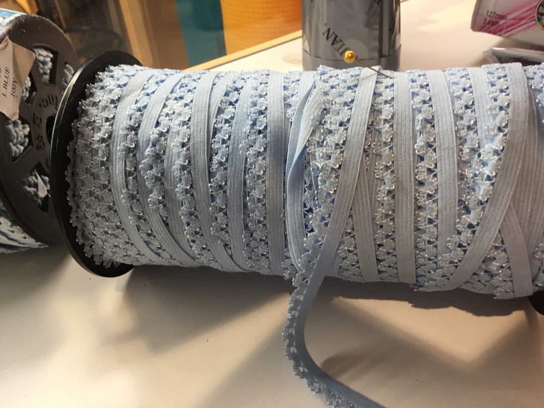 Elastic: pale blue made for knickers 12mm inc.patterened edge - Violet Elizabeth - Haberdashery