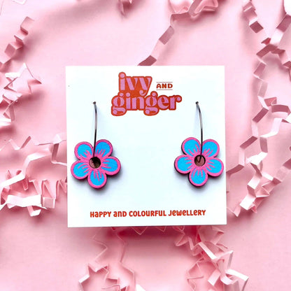 Fun Handmade Bright Pink and Blue Flower Hoop Earrings - Violet Elizabeth - 