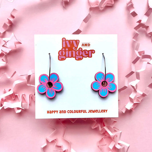 Fun Handmade Bright Pink and Blue Flower Hoop Earrings - Violet Elizabeth - 