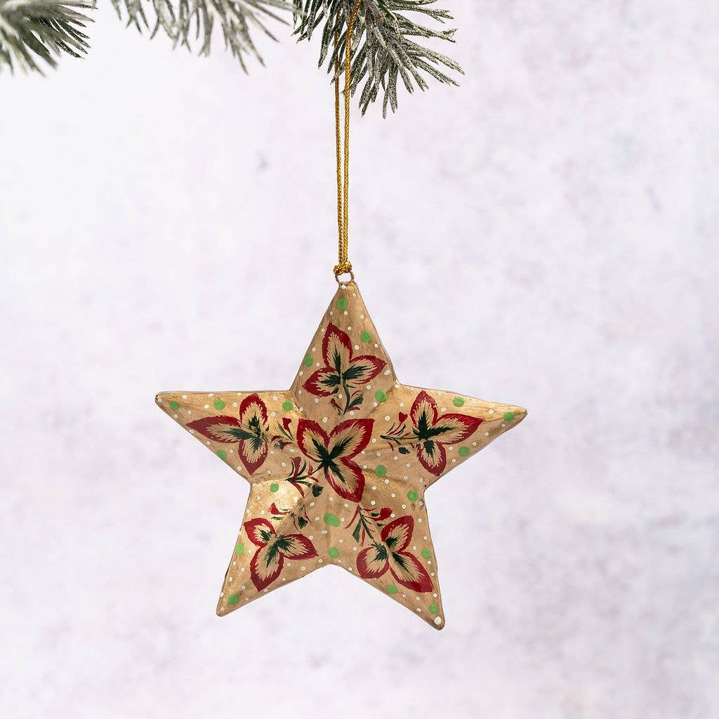 Gold With Red Tri Leaf 3D Hanging Star - Violet Elizabeth - Christmas Decorations