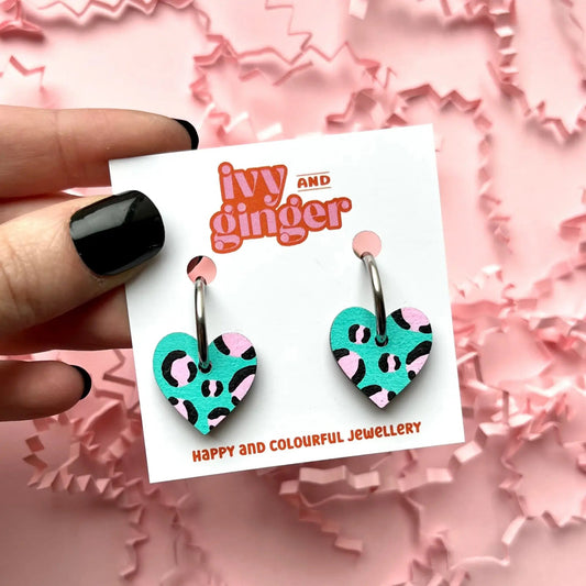 Green and pink leopard print small heart hoop earrings - Violet Elizabeth - Jewellery