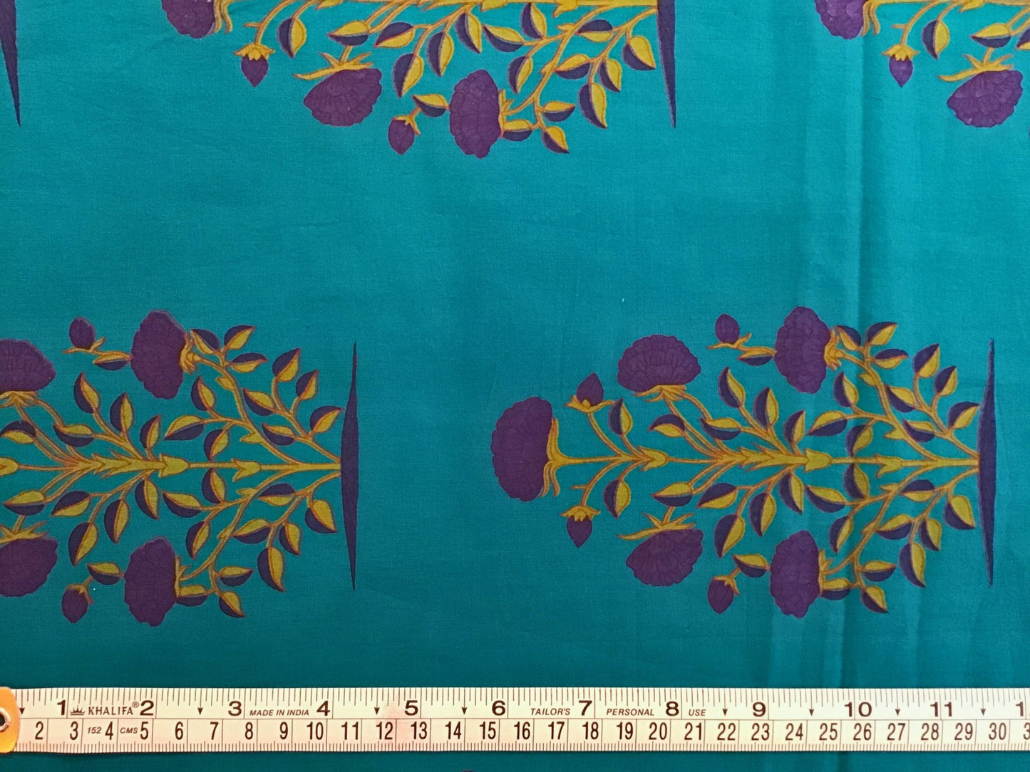 Green with blue flowered plant Screen Printed Fabric 100% Cotton - Violet Elizabeth - Haberdashery