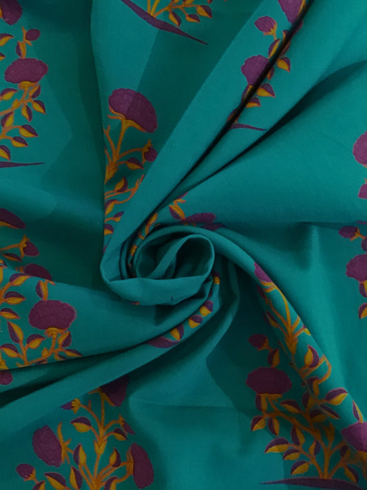 Green with blue flowered plant Screen Printed Fabric 100% Cotton - Violet Elizabeth - Haberdashery