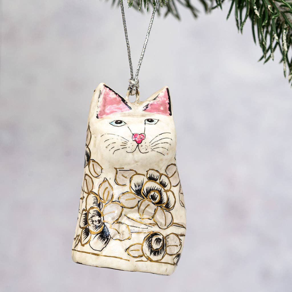 Grey Floral Hanging Cat Ornament - Violet Elizabeth - 