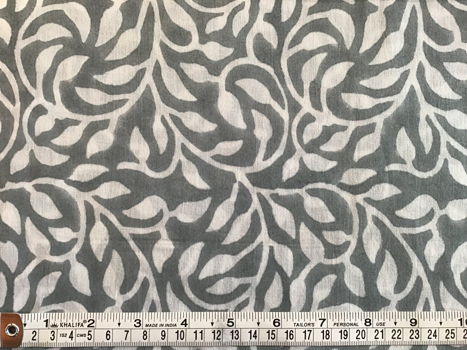 Grey leaf swirl print Block Printed Fabric - Violet Elizabeth - Haberdashery