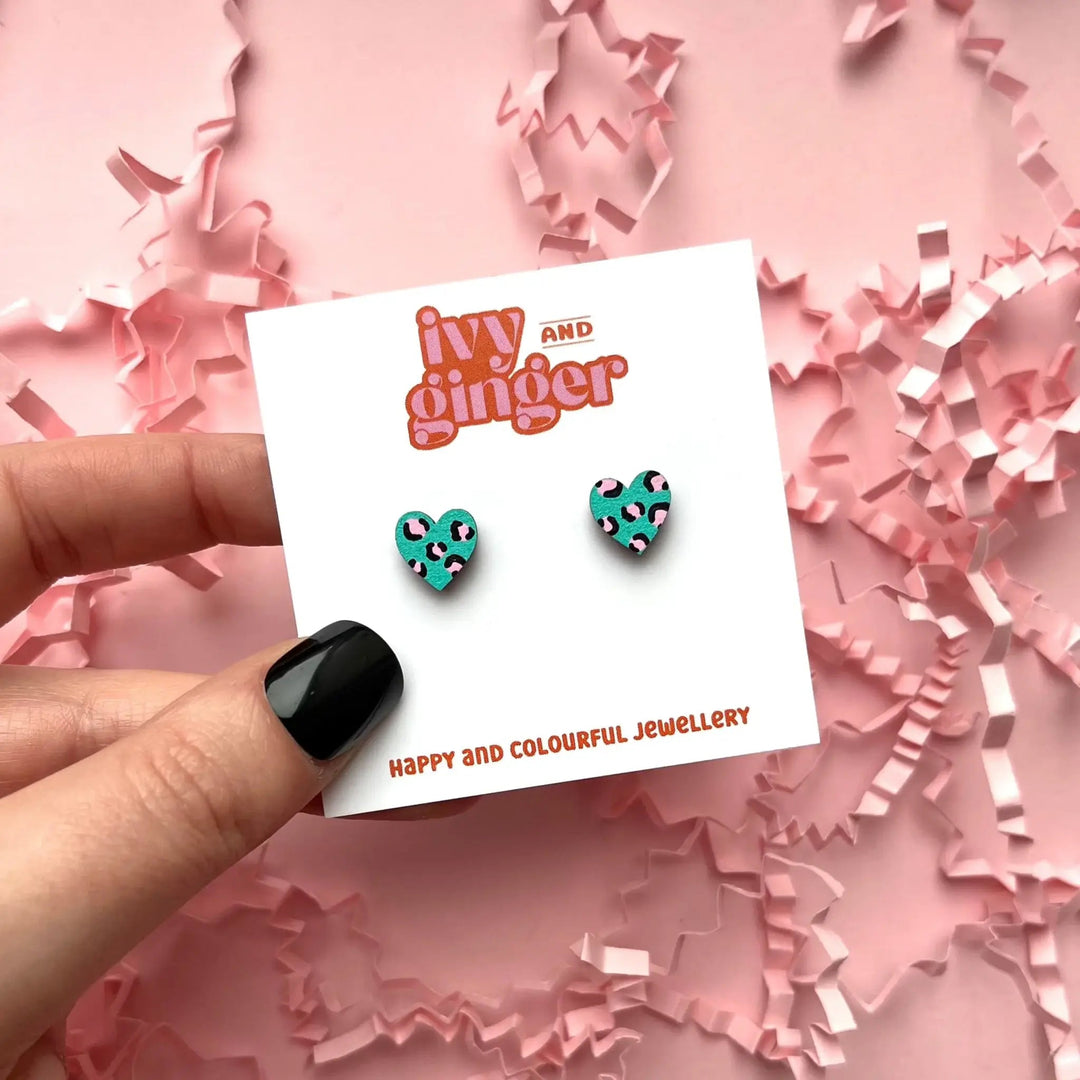 Handmade Mini Green And Pink Leopard Heart Stud Earrings - Violet Elizabeth - 