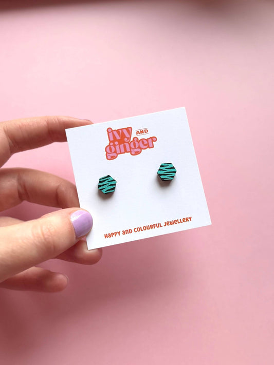 Handmade teal and black zebra print hexagon stud earrings - Violet Elizabeth - 