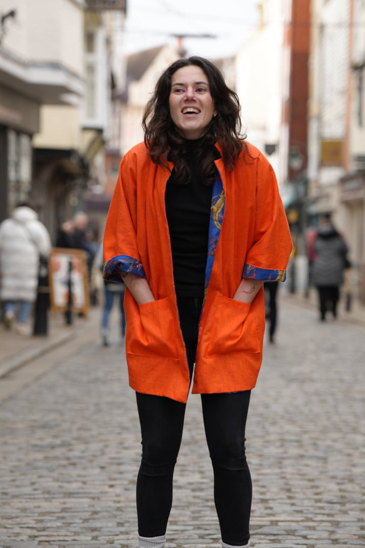 Hephaestus Flame Orange Linen Jacket: Mid Length - Violet Elizabeth - 