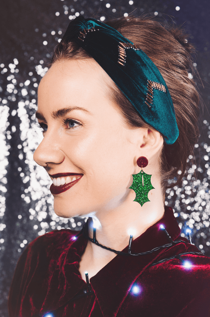 Holly Leaf Christmas Glitter Earrings - Best Seller - Violet Elizabeth - Jewellery