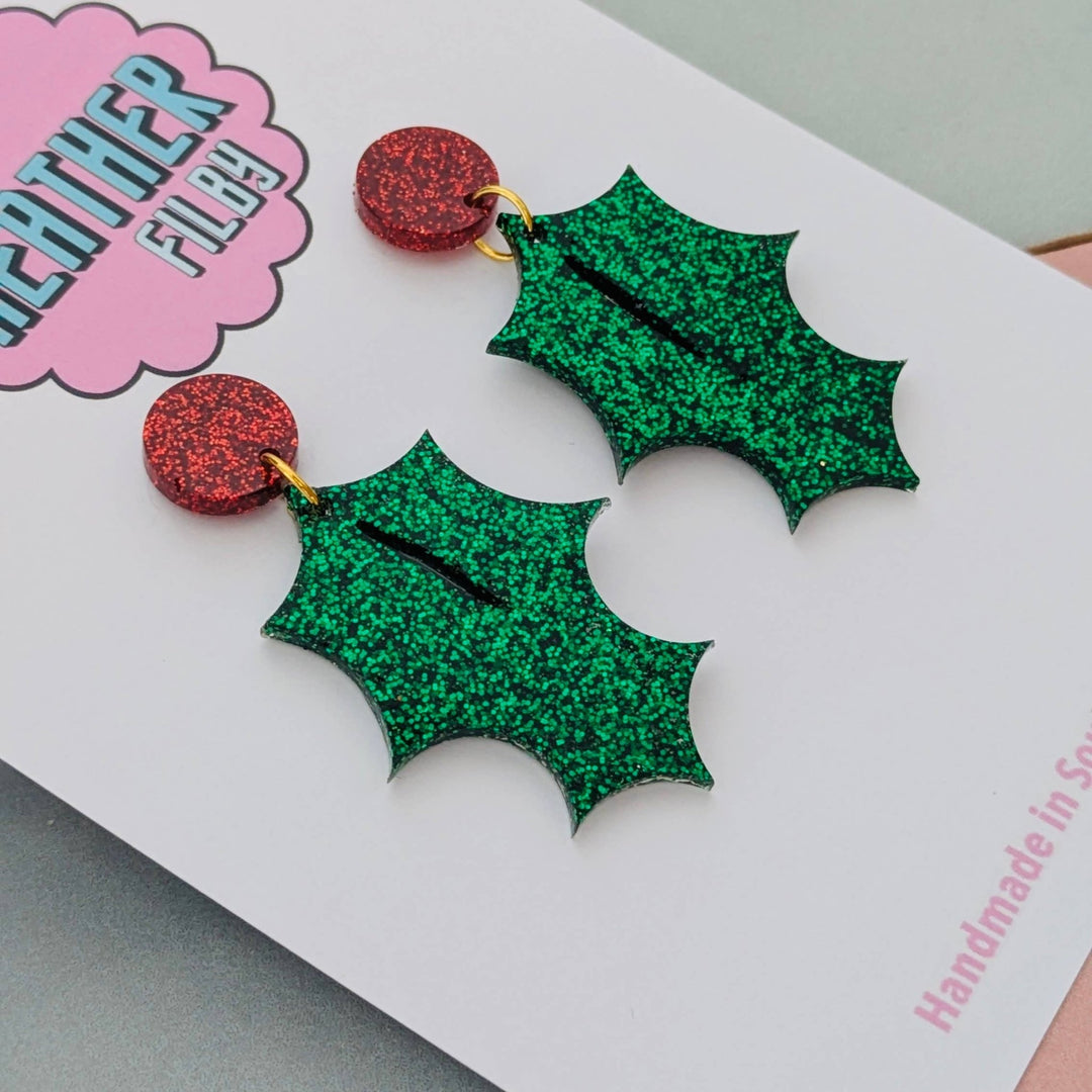 Holly Leaf Christmas Glitter Earrings - Best Seller - Violet Elizabeth - Jewellery