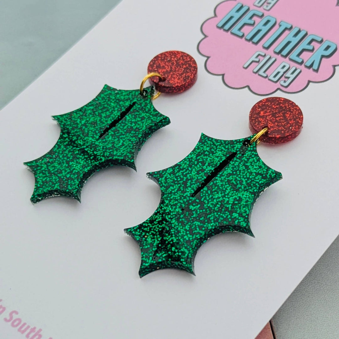 Holly Leaf Christmas Glitter Earrings - Best Seller - Violet Elizabeth - Jewellery