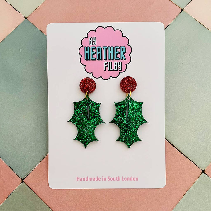 Holly Leaf Christmas Glitter Earrings - Best Seller - Violet Elizabeth - Jewellery