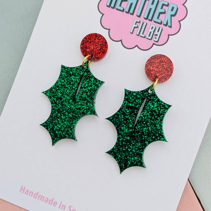 Holly Leaf Christmas Glitter Earrings - Best Seller - Violet Elizabeth - Jewellery