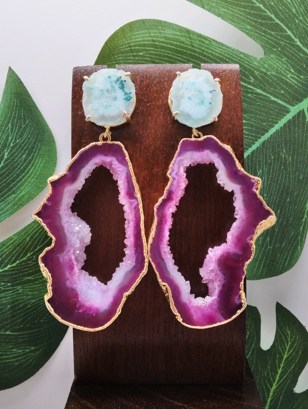 Hot Pink Agate Slice and Sky Blue Solar Quartz Drop Earrings - Violet Elizabeth - Jewellery