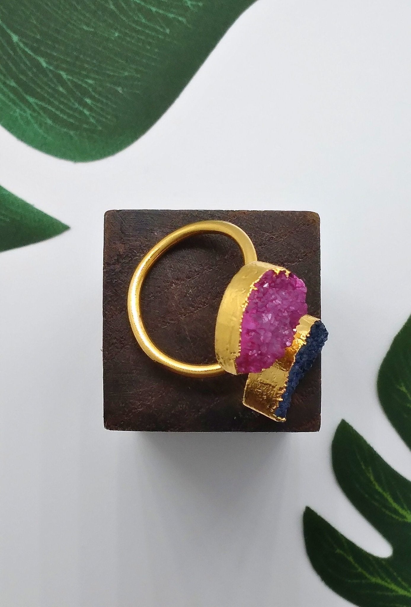 Hot Pink and Blue Double Druzy Agate Ring - Violet Elizabeth - Jewellery