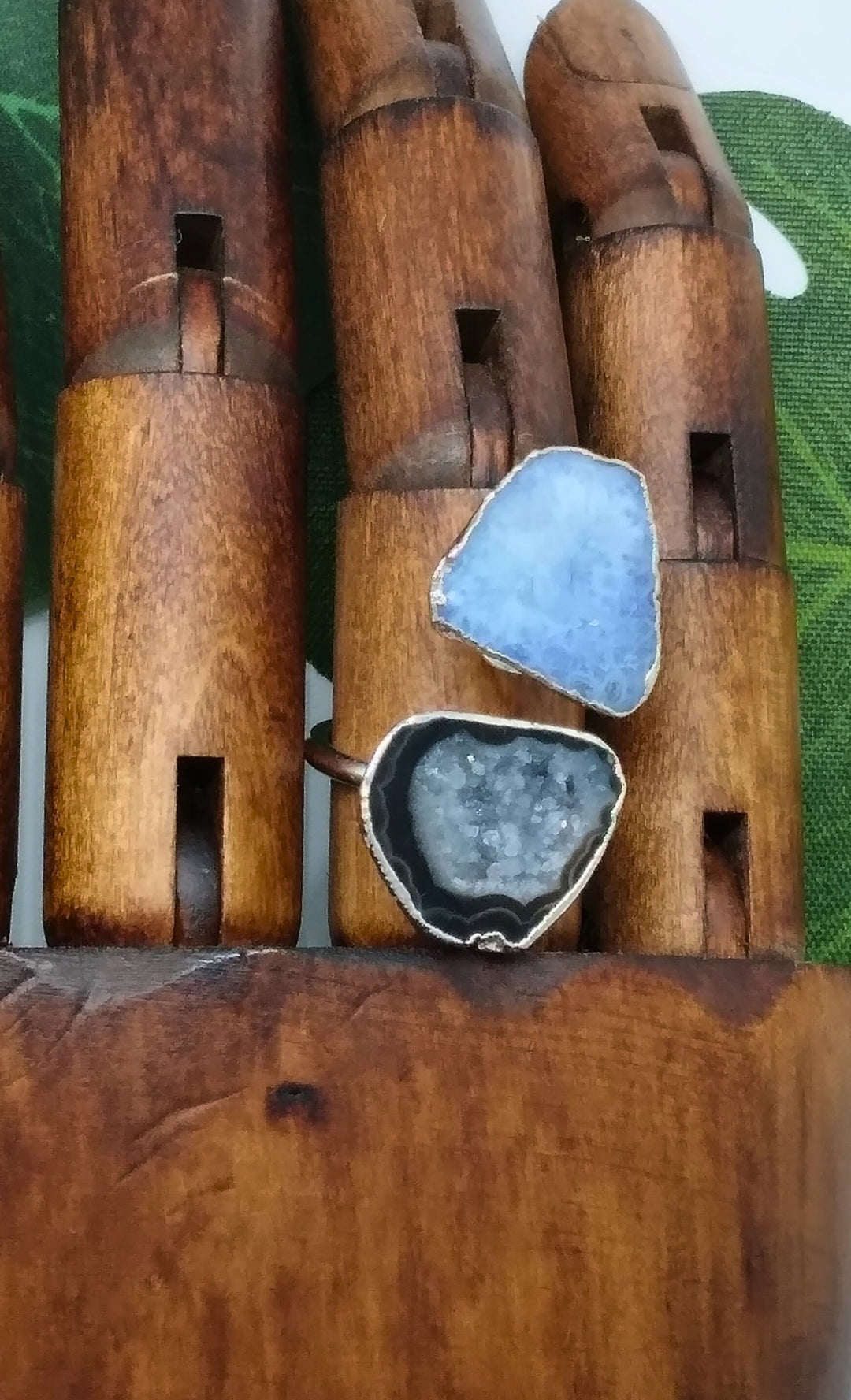 Icy Blue and Black Double Geode Druzy Silver Ring - Violet Elizabeth - Jewellery