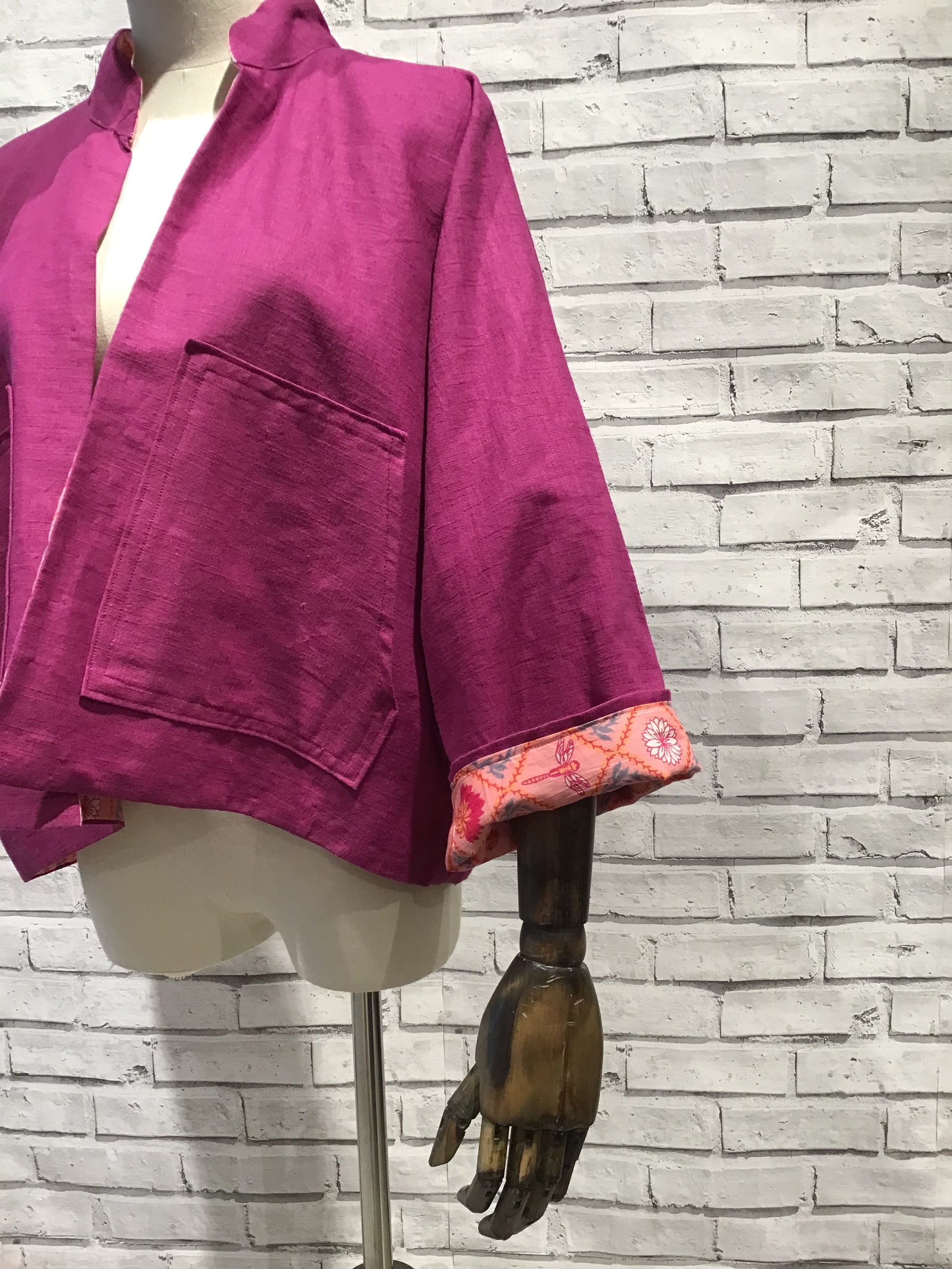 Hot pink lotus flower and cerise Linen Jacket - Violet Elizabeth