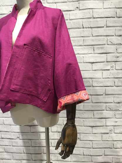 Hot pink lotus flower and cerise Linen Jacket - Violet Elizabeth
