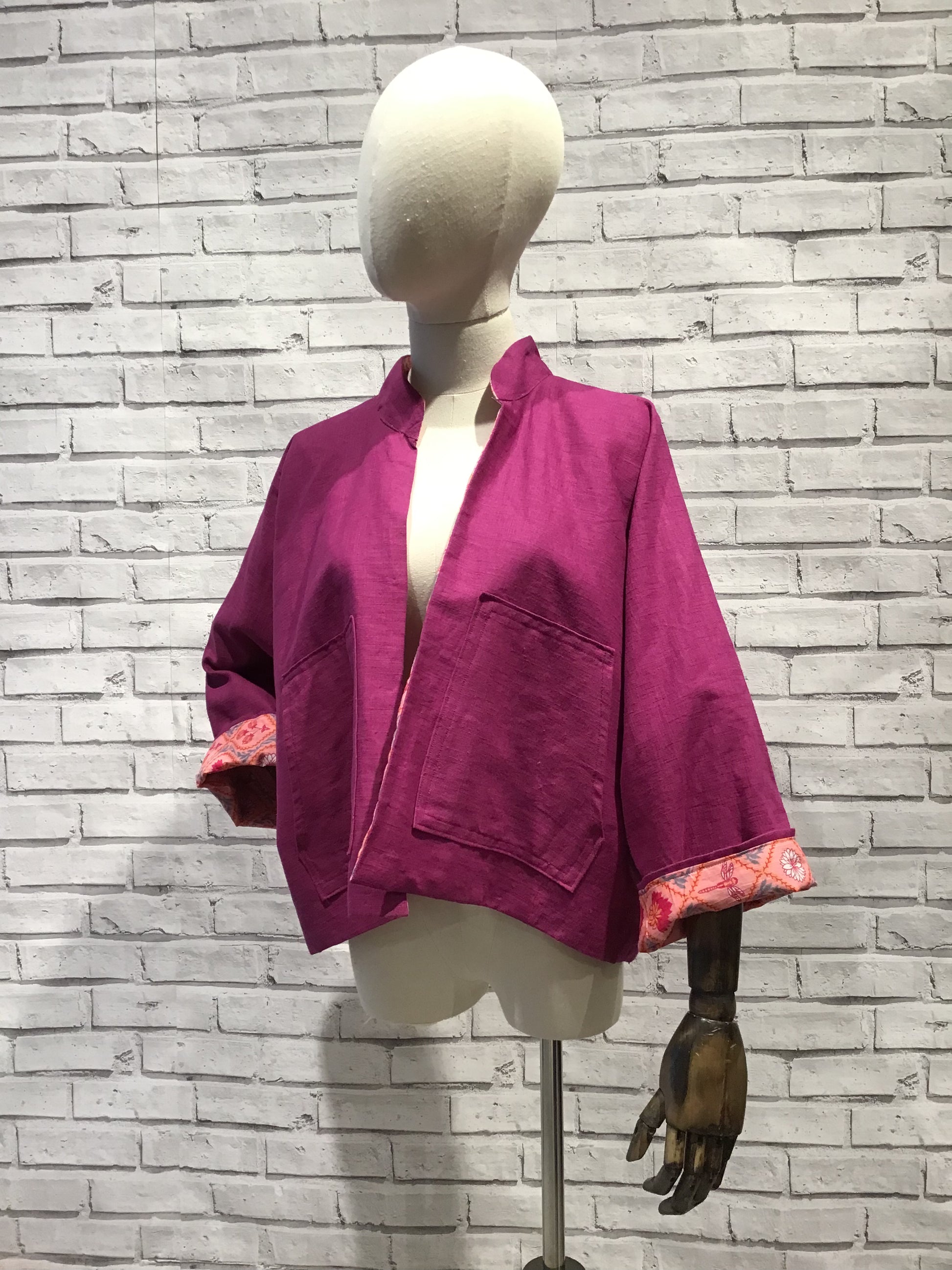 Hot pink lotus flower and cerise Linen Jacket - Violet Elizabeth