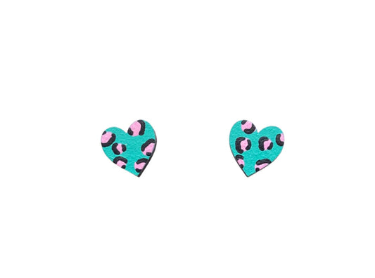 Leopard Print Heart Studs: Mini, green and pink - Violet Elizabeth