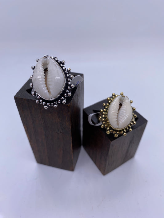 Decorative Cowrie Shell Ring: Brass and Silver Plated Brass - Violet Elizabeth