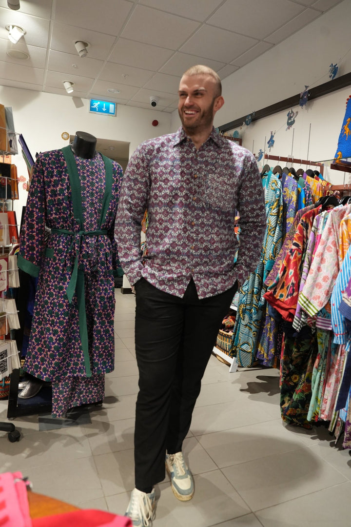 Indigo and Red Block Print Cotton Flannel Winter - Violet Elizabeth - Clothing