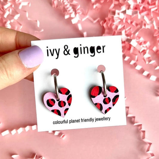 Light pink and red leopard print small heart hoop earrings - Violet Elizabeth - 
