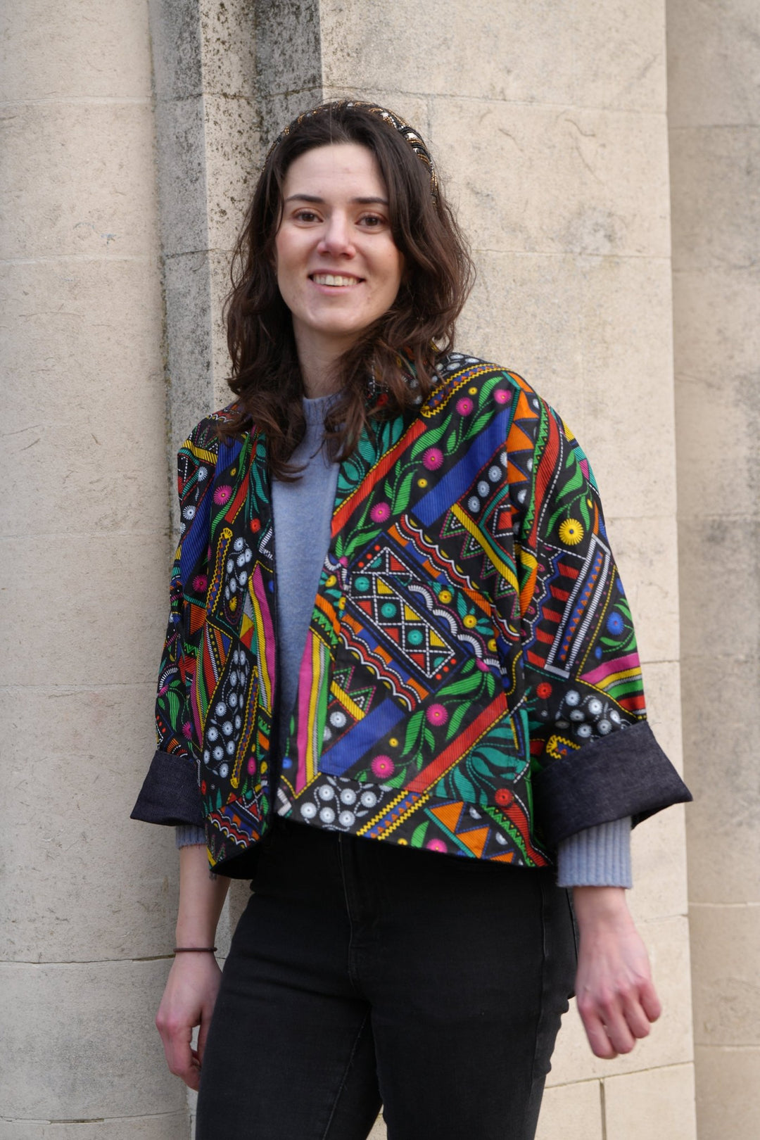 Marquise Spirit: Denim And African Wax Print Reversible Jacket - Violet Elizabeth - Clothing