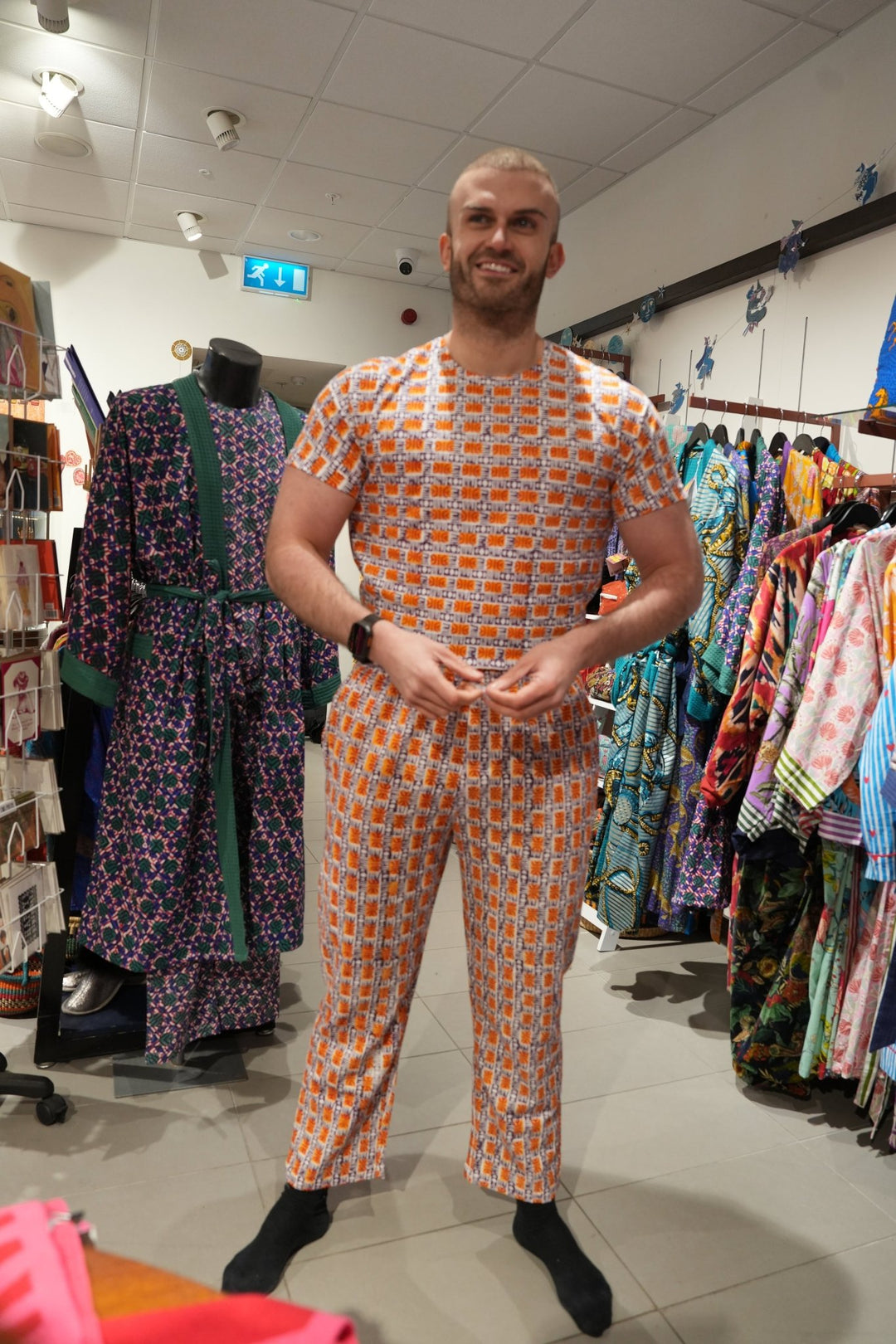 Masala Omelette Mens hand printed cotton pyjama T-shirt - Violet Elizabeth - Clothing