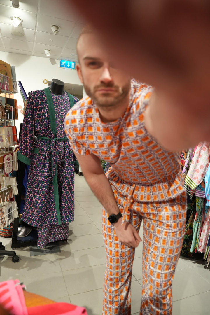 Masala Omelette Mens hand printed cotton pyjama T-shirt - Violet Elizabeth - Clothing