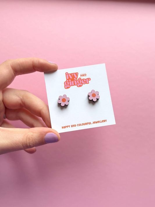 Midi daisy stud digitally printed wooden earrings pink - Violet Elizabeth - 
