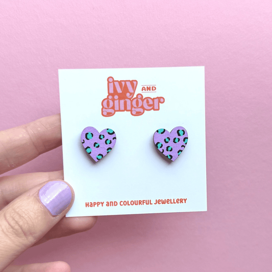 Midi leopard print heart studs in lilac and teal - Violet Elizabeth - 