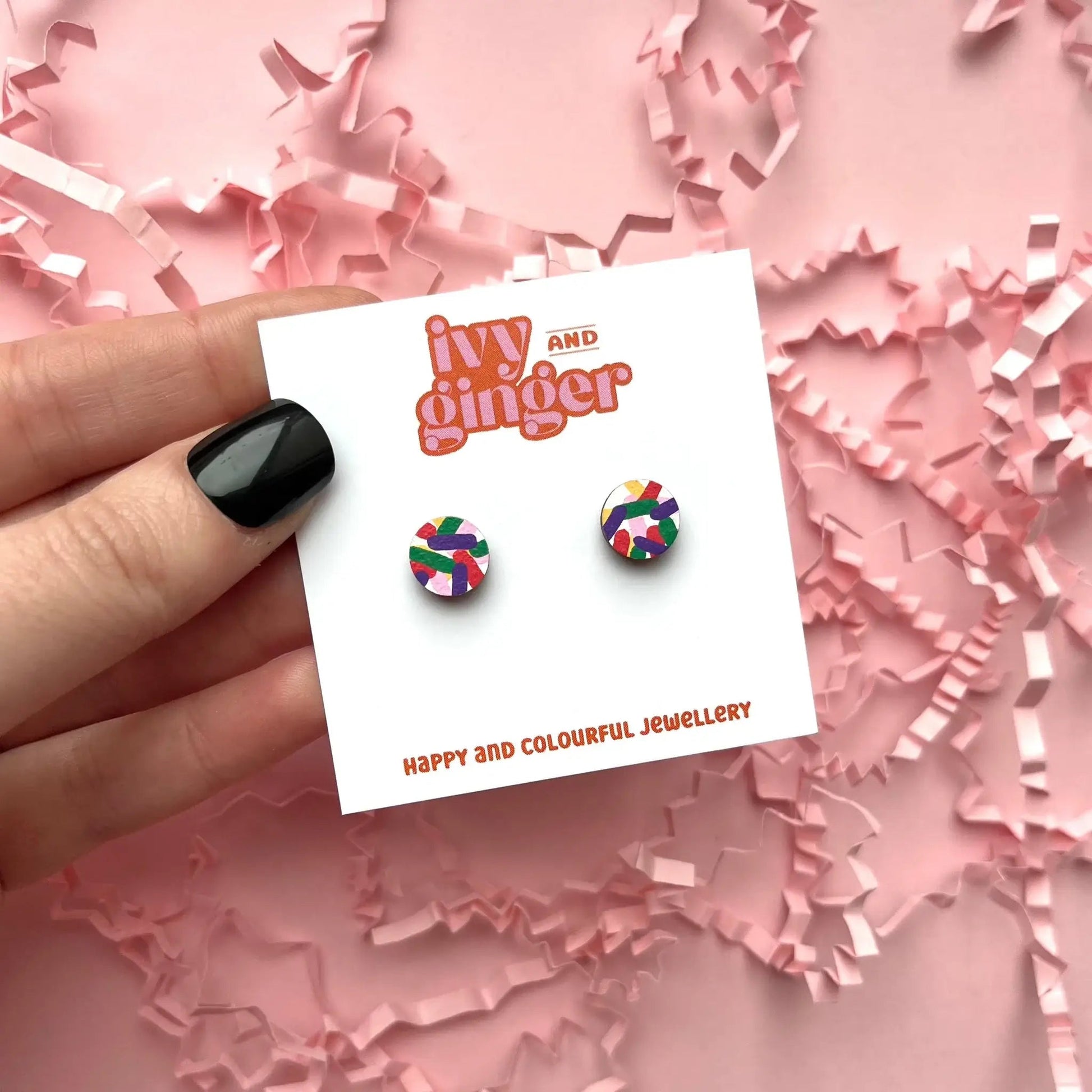 Mini confetti print circle stud earrings hand painted wooden - Violet Elizabeth - 