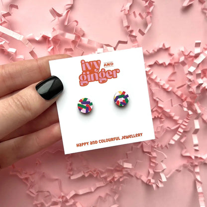 Mini confetti print circle stud earrings hand painted wooden - Violet Elizabeth - 