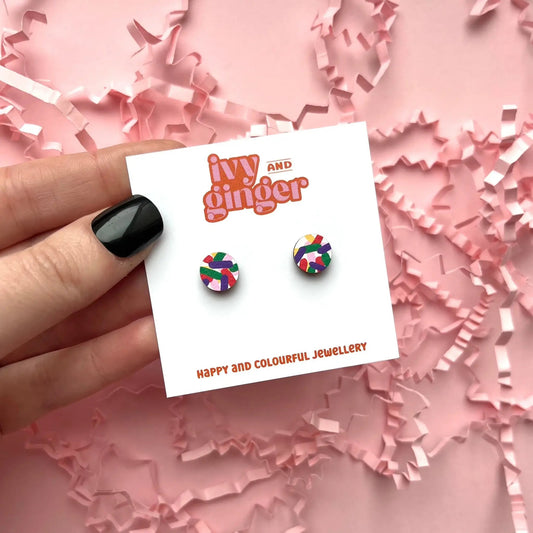 Mini confetti print circle stud earrings hand painted wooden - Violet Elizabeth - 