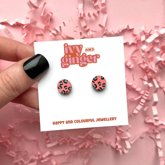 Mini leopard print circle pink and grey stud earrings - Violet Elizabeth - 